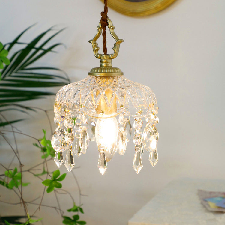 Vintage Kupfer Kristall Blumen Pendelleuchte | 1-Licht