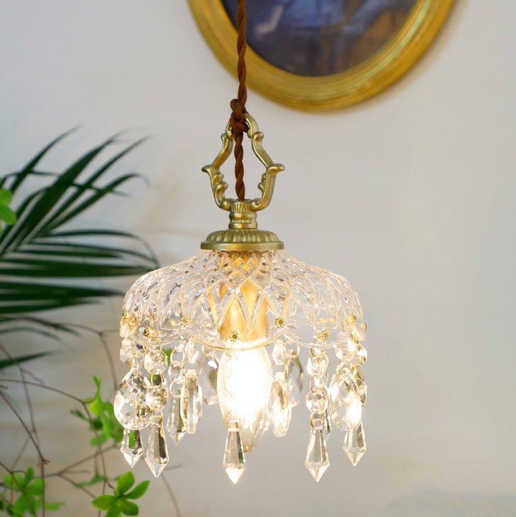 Vintage Kupfer Kristall Blumen Pendelleuchte | 1-Licht