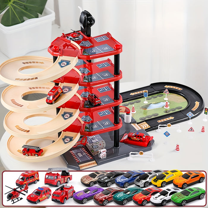 FirePark Garage Spielset - Mehrere Etagen mit Feuerwehrwagen und Verkehrsschildern für abenteuerlustige Kinder