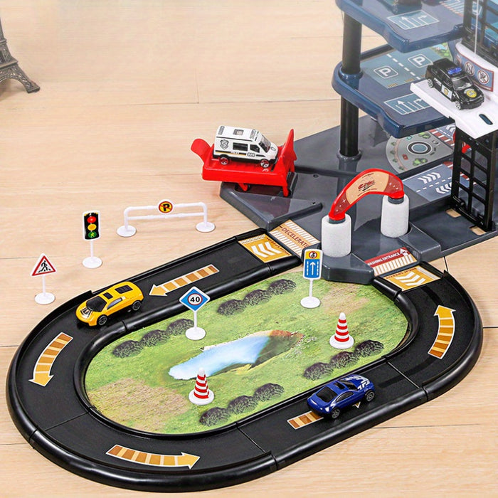 FirePark Garage Spielset - Mehrere Etagen mit Feuerwehrwagen und Verkehrsschildern für abenteuerlustige Kinder