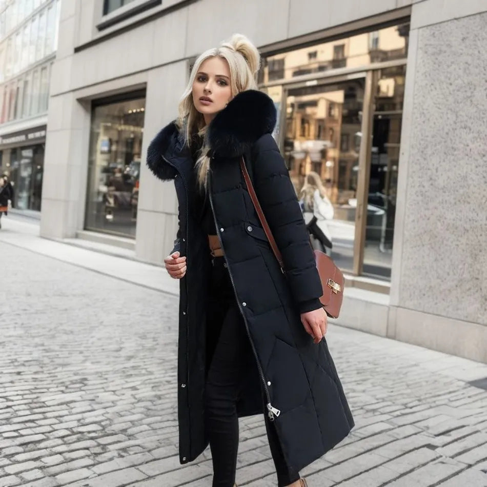 Katharina | Damen Langer Daunen-Steppmantel mit Kragen