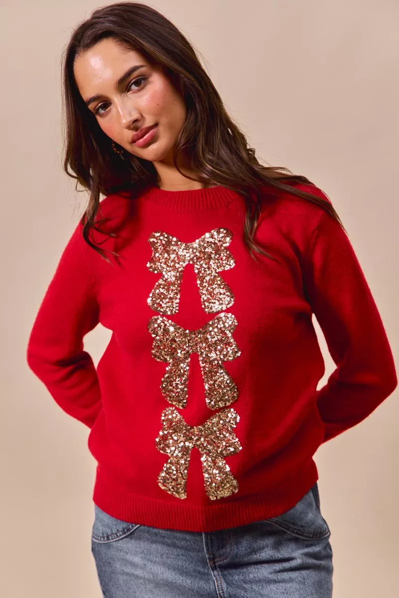 Roter Pailletten-Bow-geschmückter Weihnachtspullover