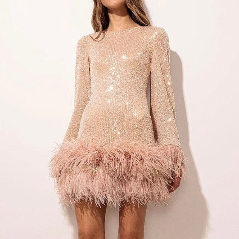 Mini-Kleid für Frauen mit Pailletten und Federbesatz
