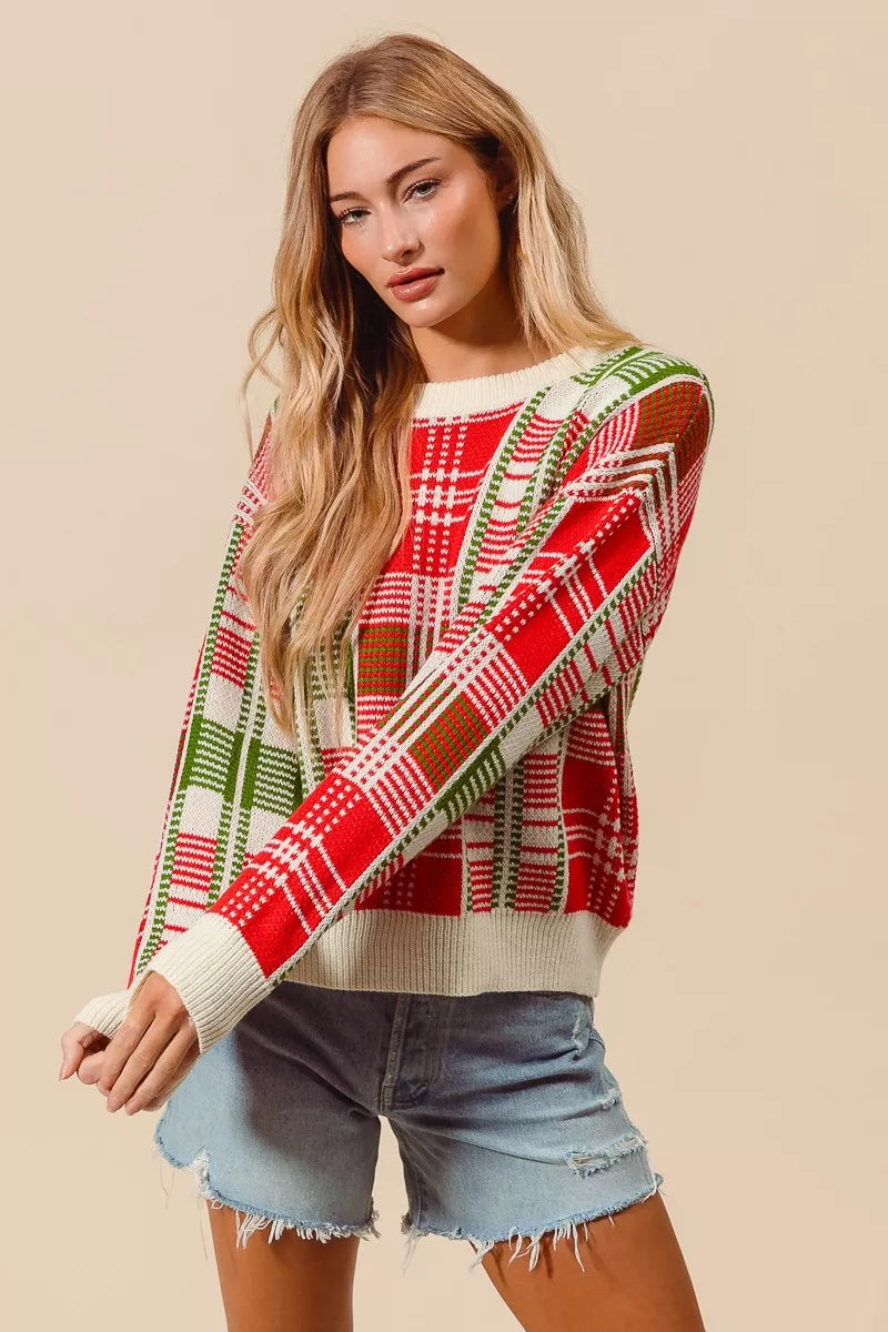 Rot & Grüner Weihnachts-Karierter Pullover mit Rundhalsausschnitt
