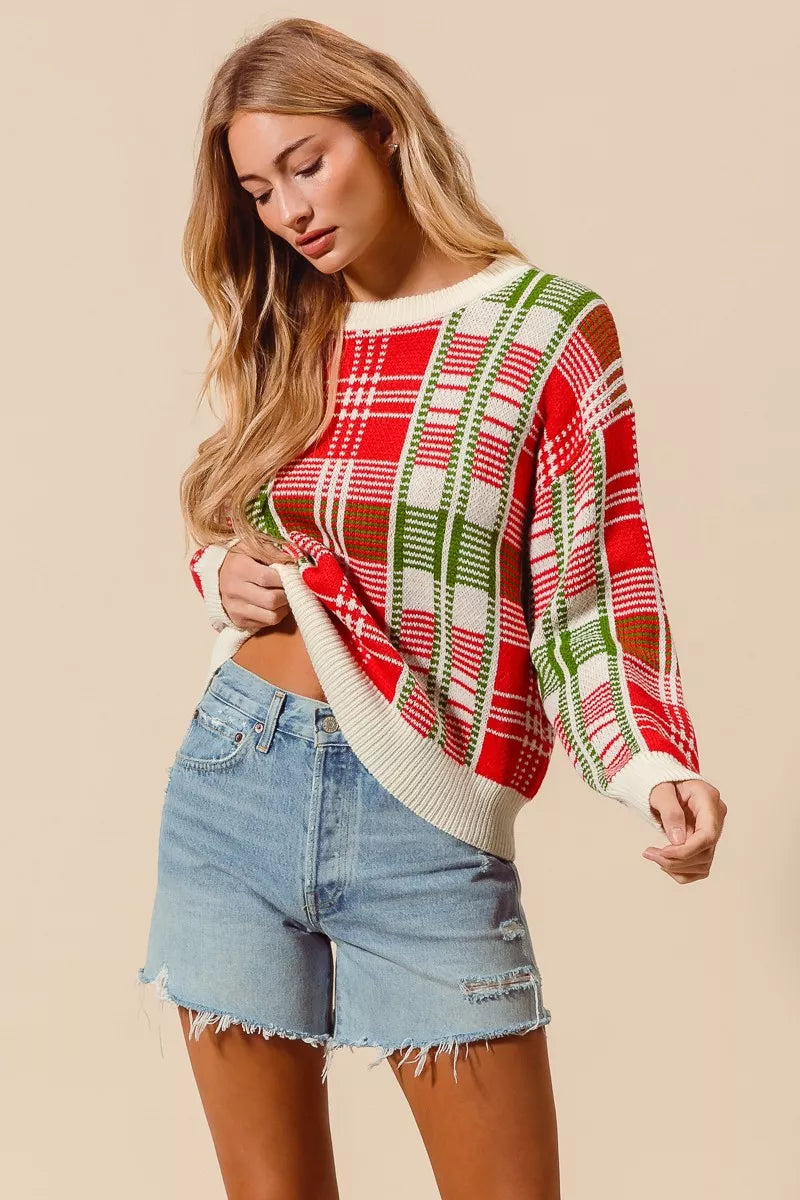 Rot & Grüner Weihnachts-Karierter Pullover mit Rundhalsausschnitt