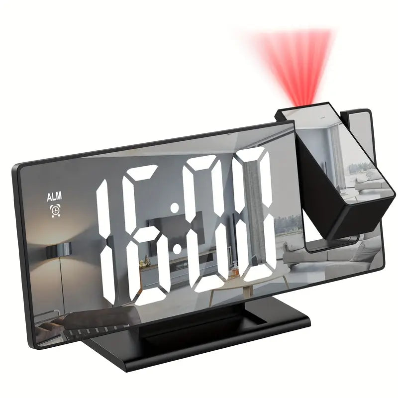180° Verstellbare LED Projektionswecker – Schlummerfunktion, 12/24H Zeit- & Temperaturanzeige, Spiegel-Design – USB betrieben, Nachtmodus & Speicherfunktion