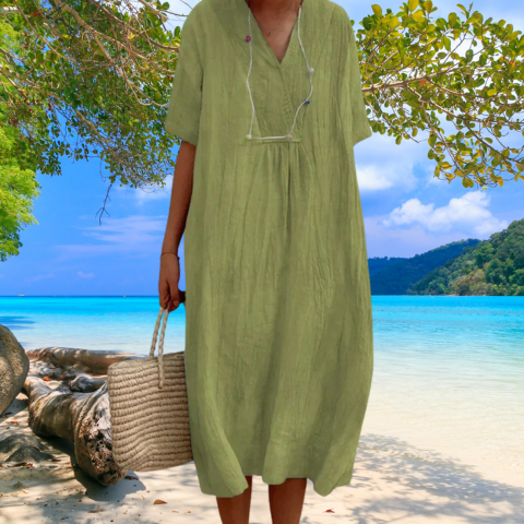 Elegantes Leinen- und Baumwollkleid für Frauen | Midi