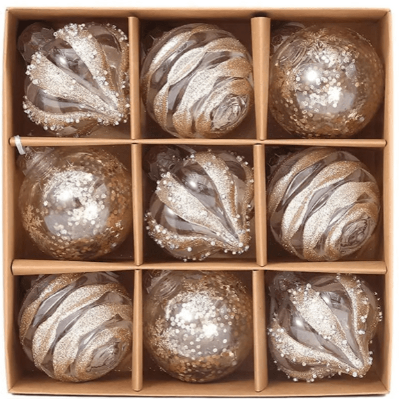 GlansFeest Weihnachts-Hängedekorationen – Set aus 9 Kunststoff-Ornamenten mit Schneeflocken- und Ball-Design