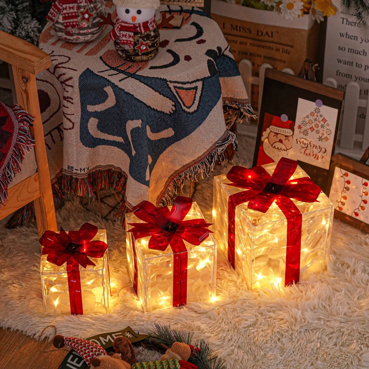 LED Weihnachtsgeschenkbeleuchtung – Set aus 3 beleuchteten Geschenkboxen für Innen & Außen