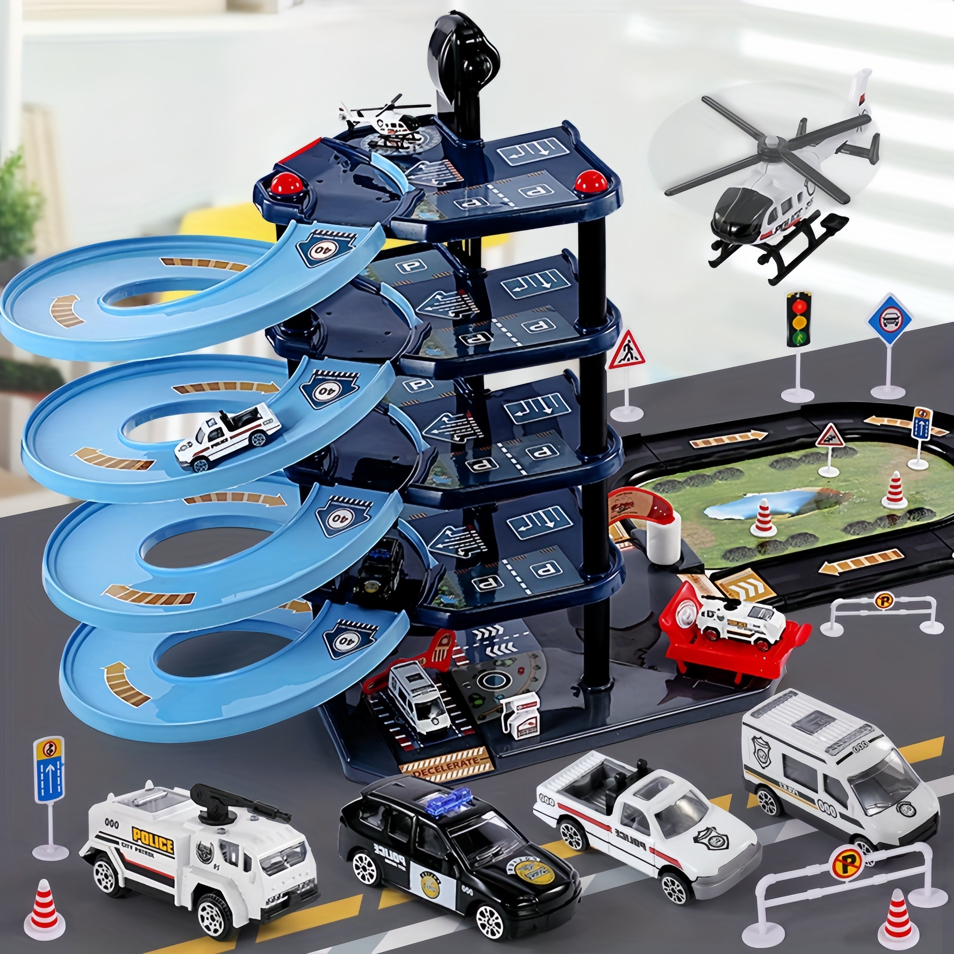 FirePark Garage Spielset - Mehrere Etagen mit Feuerwehrwagen und Verkehrsschildern für abenteuerlustige Kinder