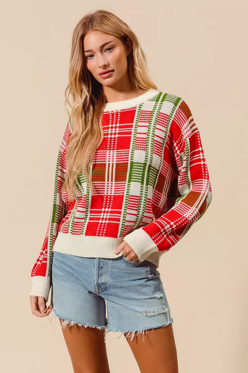 Rot & Grüner Weihnachts-Karierter Pullover mit Rundhalsausschnitt