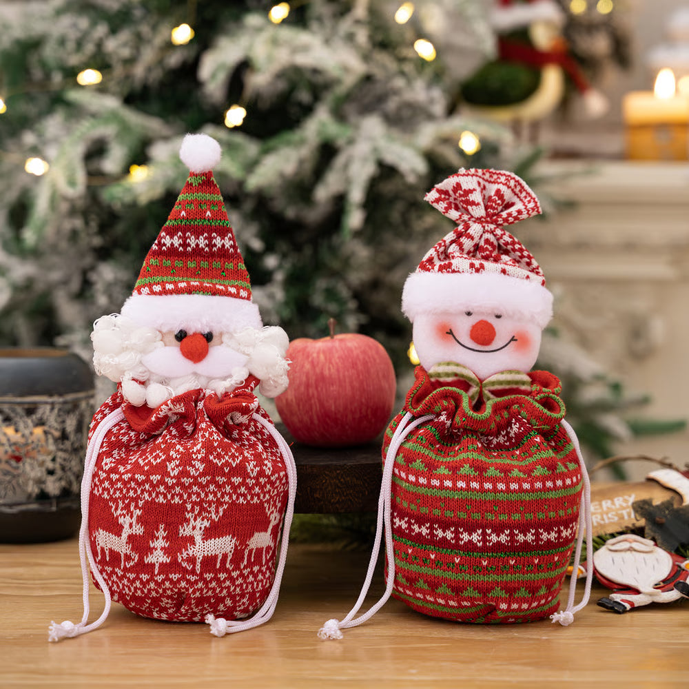 KnitJoy Weihnachtsgeschenkbeutel mit Puppe – Wiederverwendbarer Strickgeschenkbeutel für Kinder