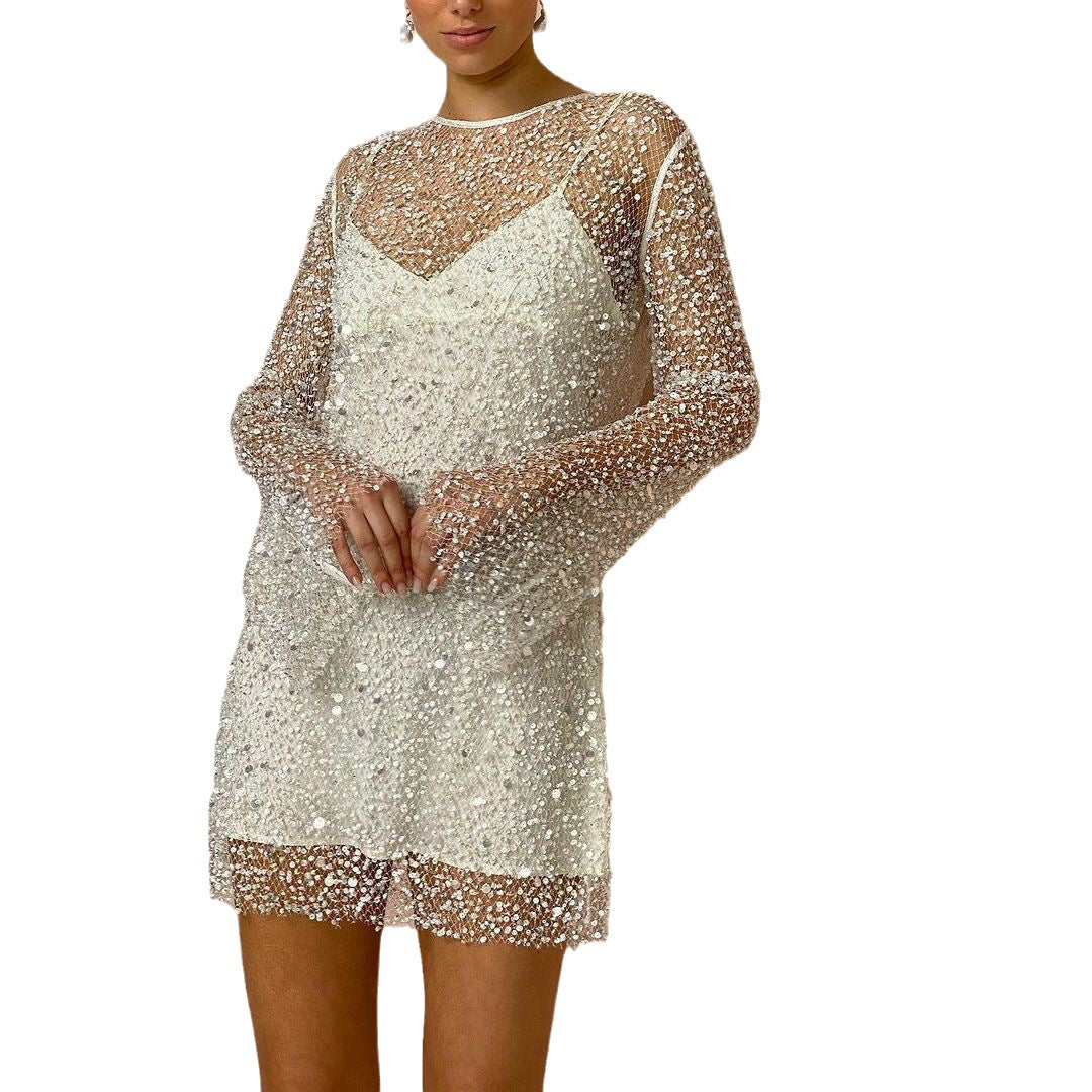 Amara | Perlenbesetztes Mesh-Zweiteiler-Kleid mit transparentem Design und Trägern