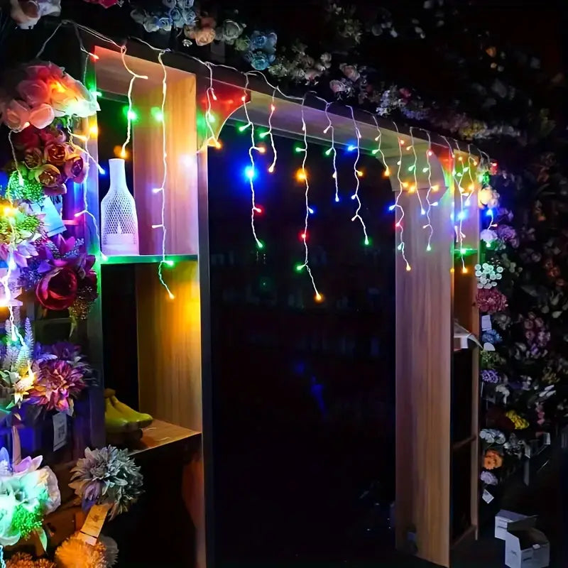 LED Weihnachtsbeleuchtung mit Eiszapfen und Sternenhimmel – Lichtvorhang für Außen
