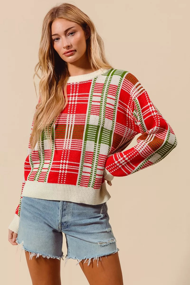 Rot & Grüner Weihnachts-Karierter Pullover mit Rundhalsausschnitt