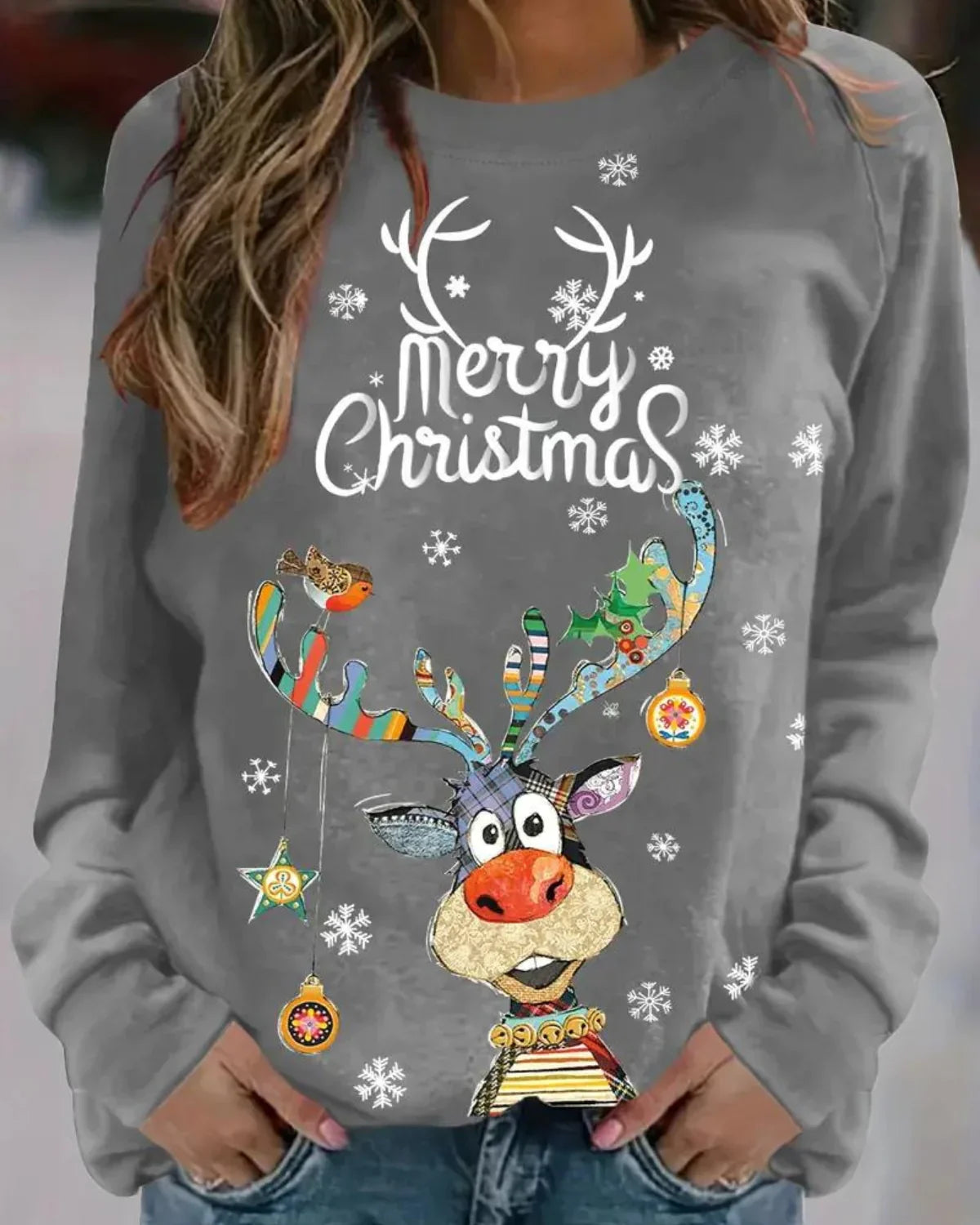 Festlicher Rentierpullover Damen – Warmer Weihnachtspullover mit Rundhalsausschnitt