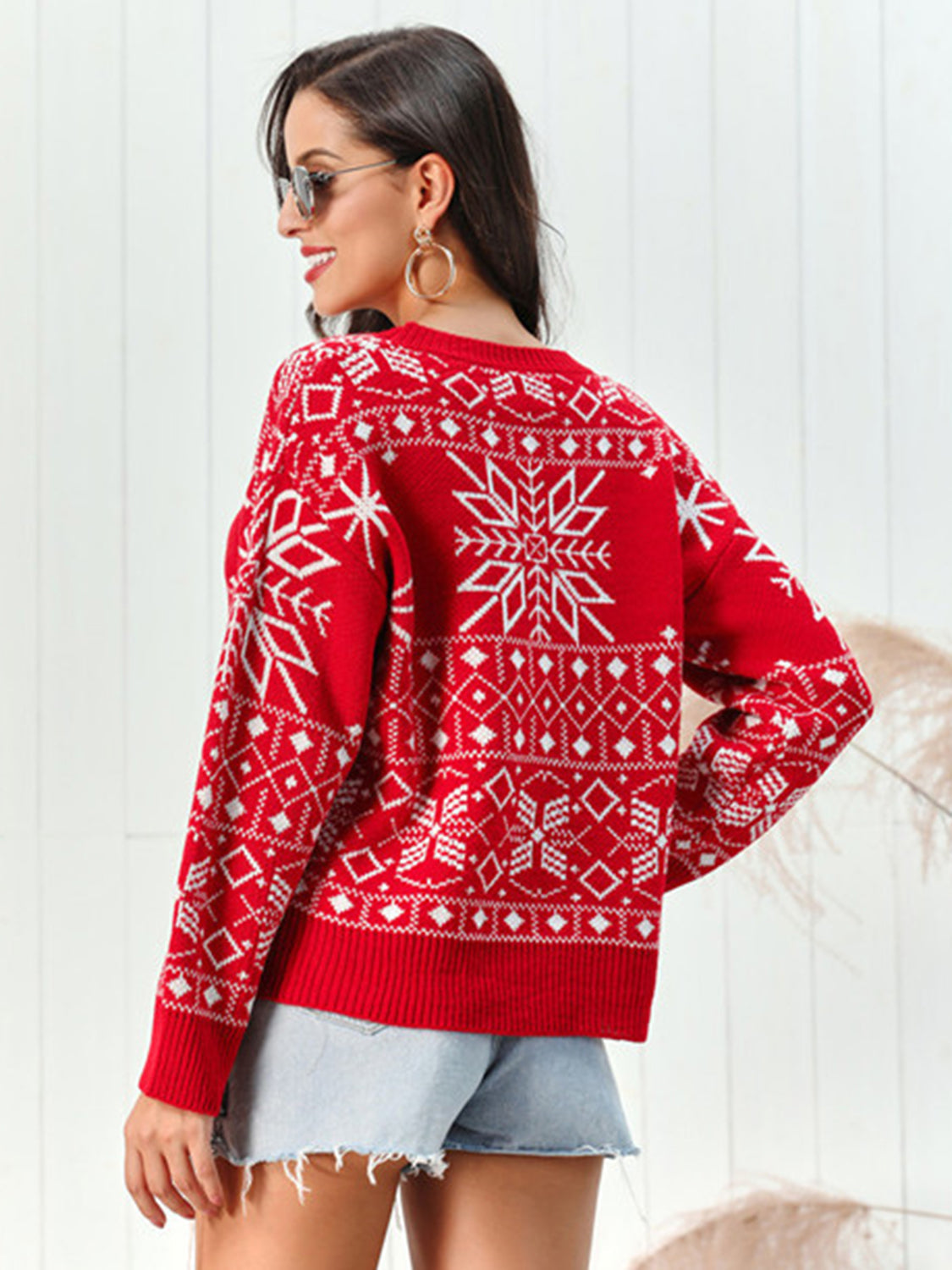 Roter Schneeflockenmuster Rundhals Weihnachtspullover