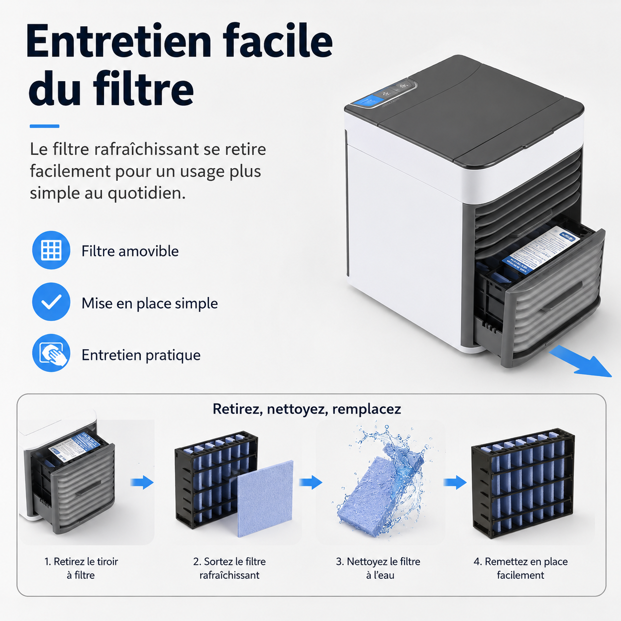 3-in-1 Luftkühler mit Ventilator, Luftbefeuchter und Luftreiniger – Tragbar, leise und mit LED-Nachtlicht