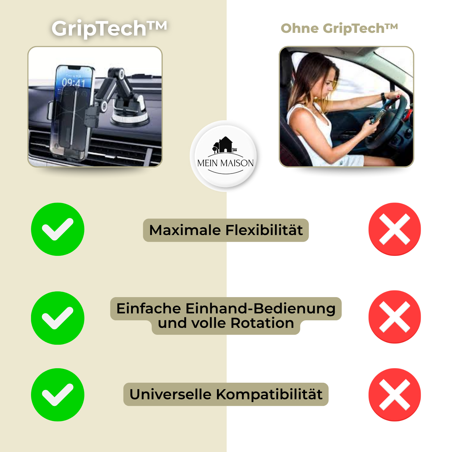 Auto GripTech Handyhalter mit Starker Saugnapf und 360° Rotation