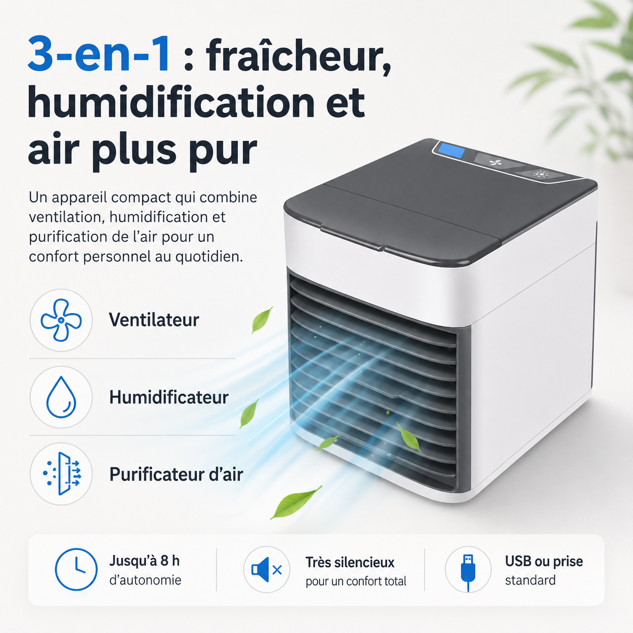 3-in-1 Luftkühler mit Ventilator, Luftbefeuchter und Luftreiniger – Tragbar, leise und mit LED-Nachtlicht