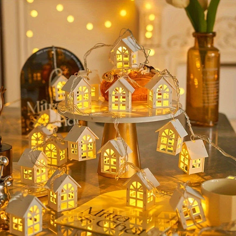 LED Weihnachtsbeleuchtung mit Mini-Häuschen – Dekorativer Lichtervorhang für Innenräume