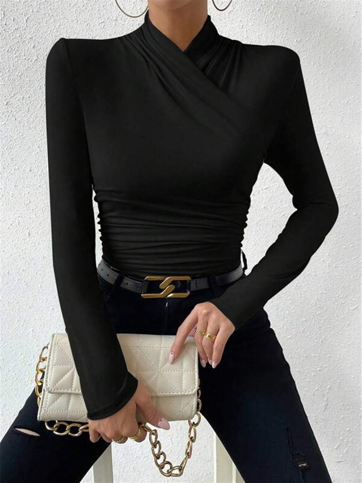 ChicLayer Drapiertes Crossover-Oberteil | Stilvolles Langarm-Design für mühelose Eleganz