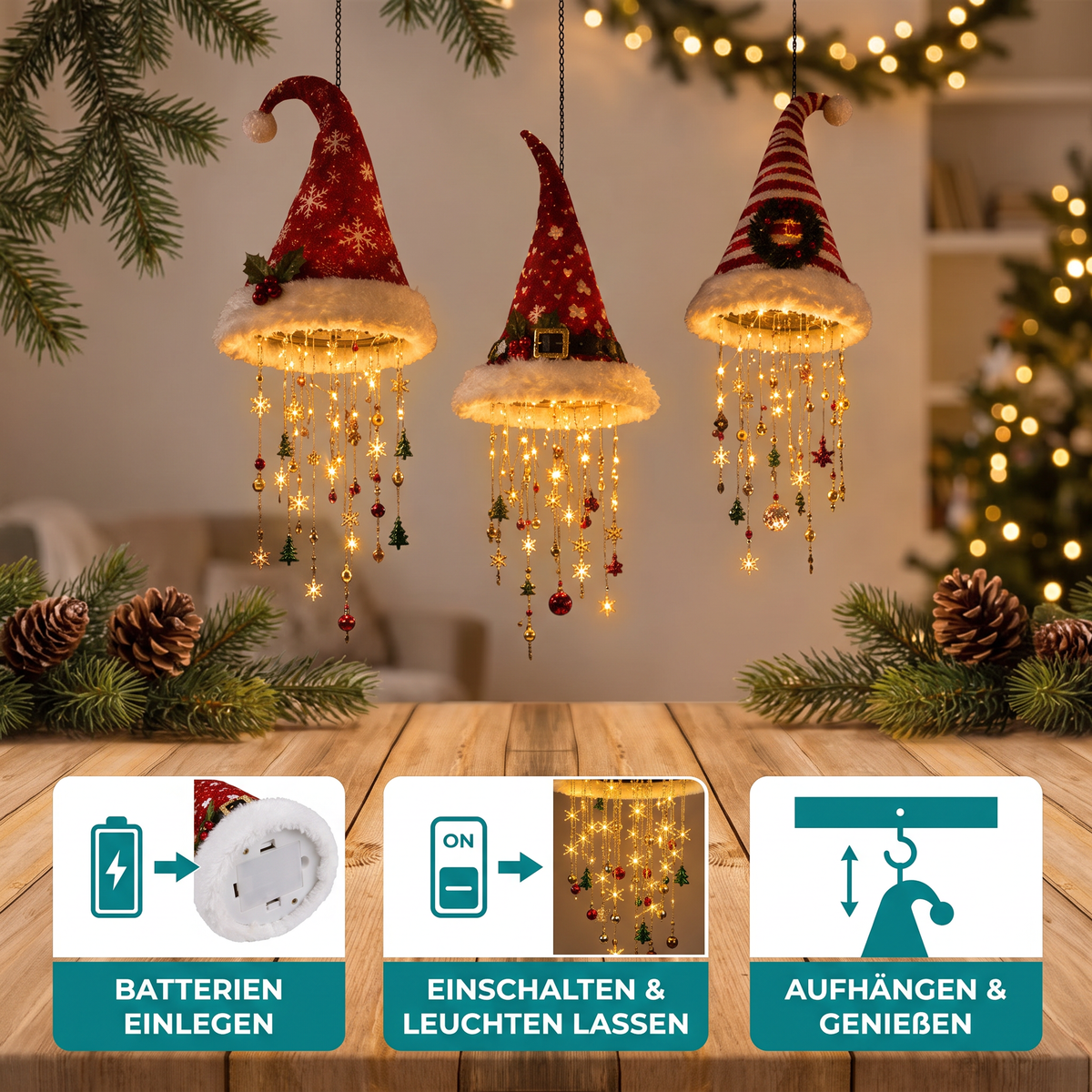 Weihnachtsmannmütze mit LED-Beleuchtung – Festliche Weihnachtsmütze mit Lichtern