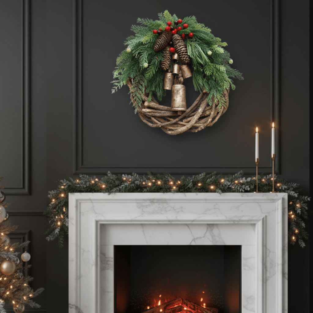 Rustikale Weihnachtskranz mit Holzdekoration und Weihnachtsglocken