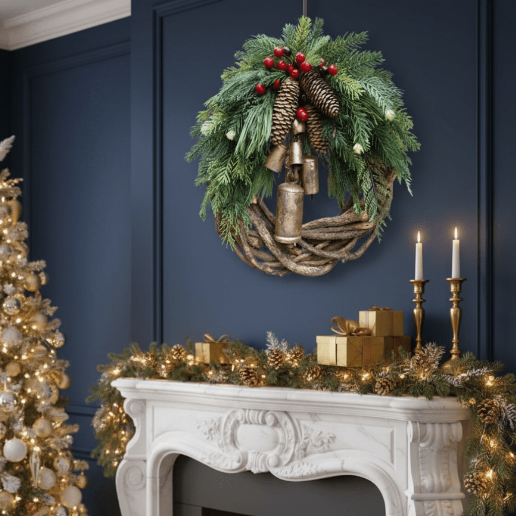 Rustikale Weihnachtskranz mit Holzdekoration und Weihnachtsglocken