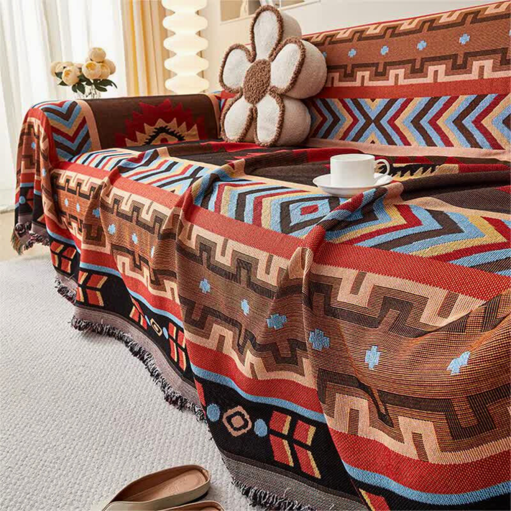 Boho Sofabezug mit Geometrischen Mustern und Fransen