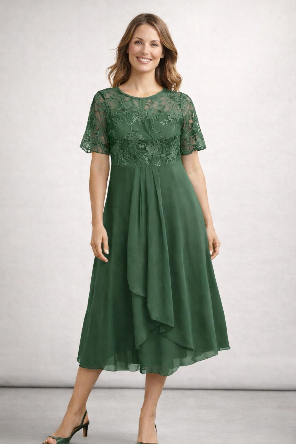 Damen Midikleid mit Spitze und Chiffon Kurzarm
