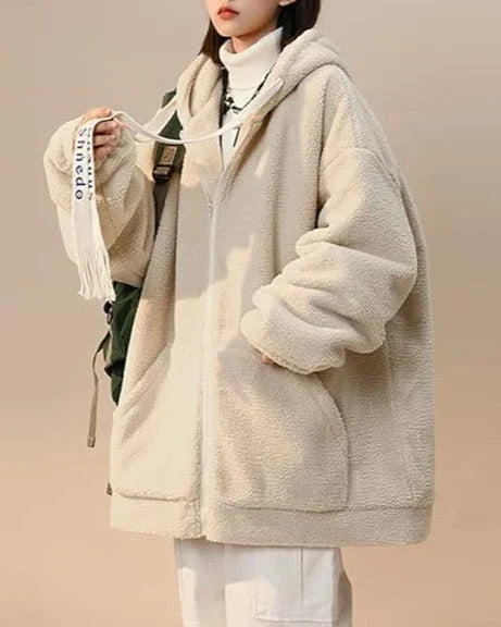 Oversized Damen Fleecejacke mit Kapuze – Weicher Plüsch Hoodie
