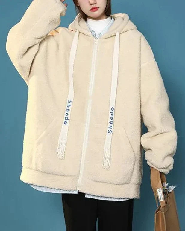 Oversized Damen Fleecejacke mit Kapuze – Weicher Plüsch Hoodie
