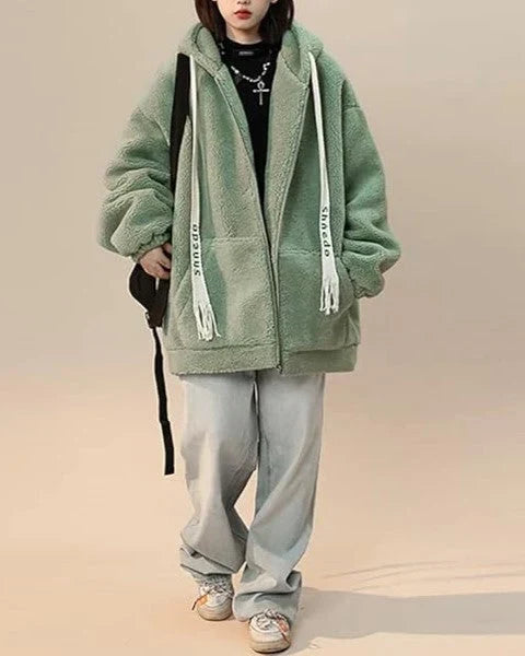 Oversized Damen Fleecejacke mit Kapuze – Weicher Plüsch Hoodie