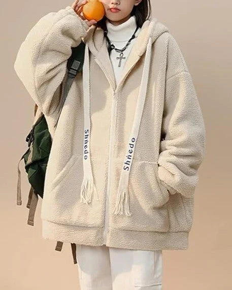 Oversized Damen Fleecejacke mit Kapuze – Weicher Plüsch Hoodie