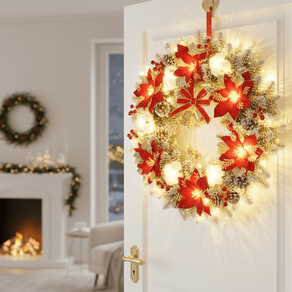 LED Weihnachtskranz mit Goldenen Glocken – Warmweißes Licht für die Tür