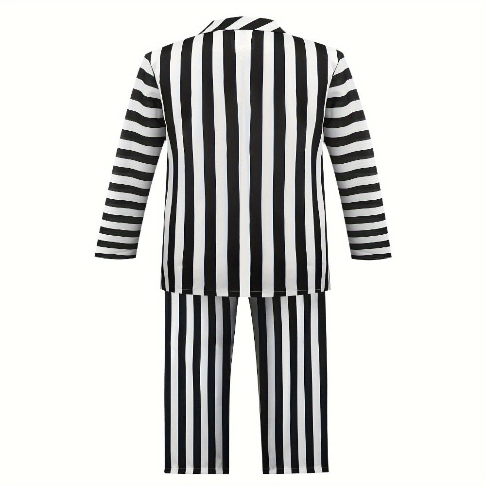 Halloween Kostüm Schwarz Weiß Gestreiftes Polyester Anzug Perücke Set