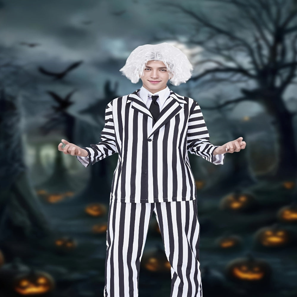 Halloween Kostüm Schwarz Weiß Gestreiftes Polyester Anzug Perücke Set