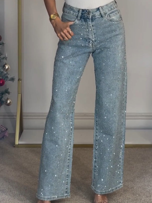 GlamFit-Jeans mit hoher Taille | Atemberaubende, mit Diamanten besetzte Straight-Jeans für einen schicken Look