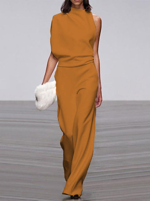 Drune Damen Jumpsuit Mit Rundhalsausschnitt, Armellos Und Weitem Bein