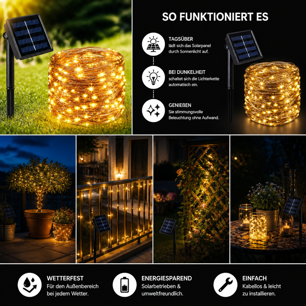 Solar LED Weihnachtsbeleuchtung für Außen – Lichterkette mit Solarenergie und 8 Lichtmodi