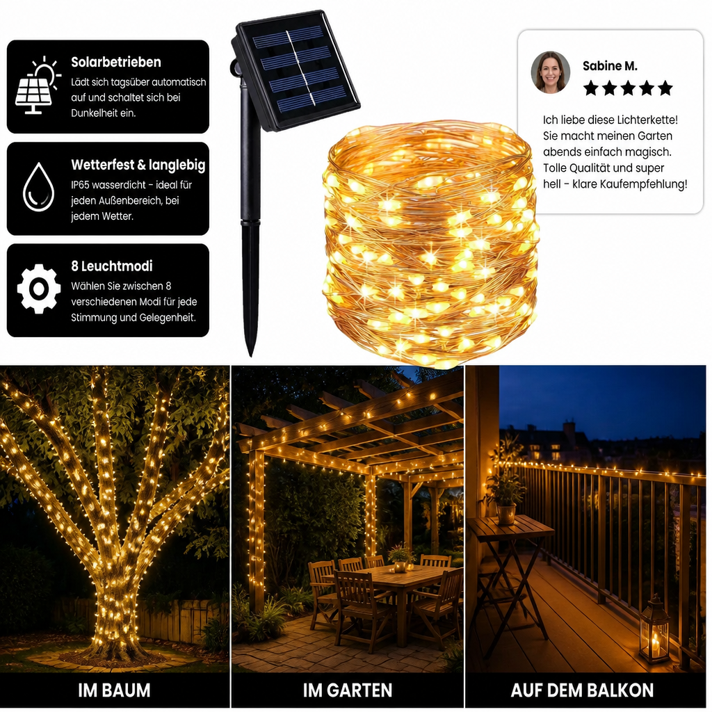 Solar LED Weihnachtsbeleuchtung für Außen – Lichterkette mit Solarenergie und 8 Lichtmodi