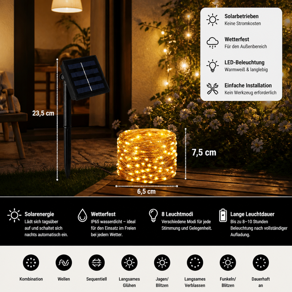 Solar LED Weihnachtsbeleuchtung für Außen – Lichterkette mit Solarenergie und 8 Lichtmodi