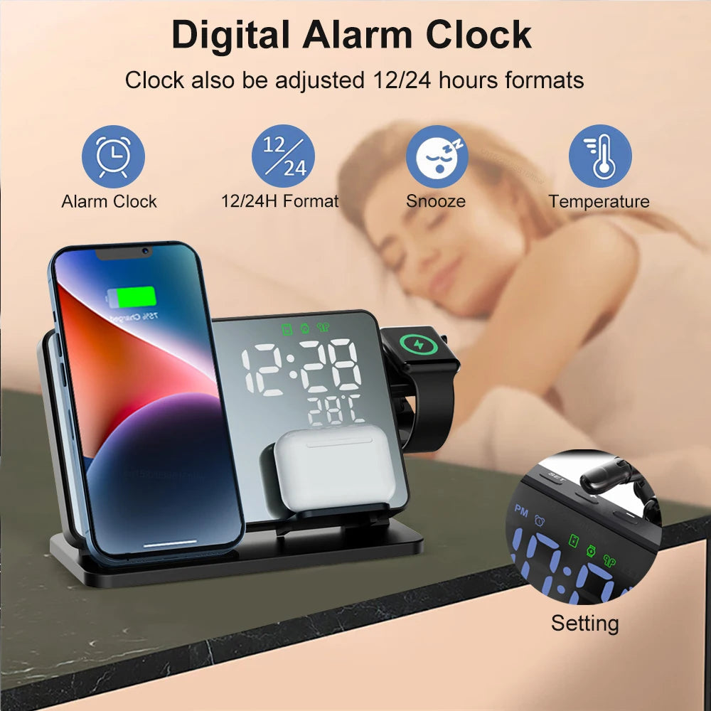 3-in-1 Schnellladestation | Premium Wireless Fast Charging Dockingstation mit Wecker | für Apple iPhone, Watch & AirPods