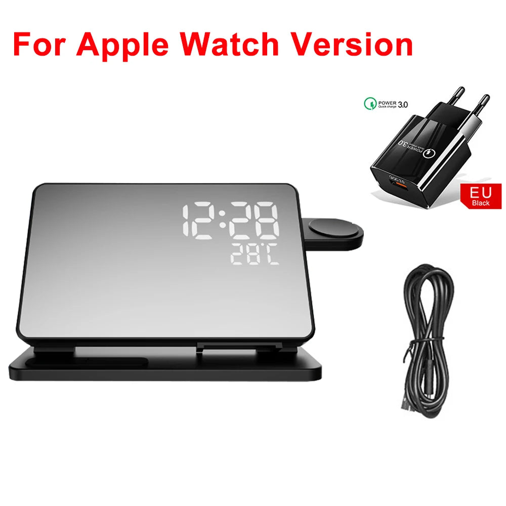 3-in-1 Schnellladestation | Premium Wireless Fast Charging Dockingstation mit Wecker | für Apple iPhone, Watch & AirPods