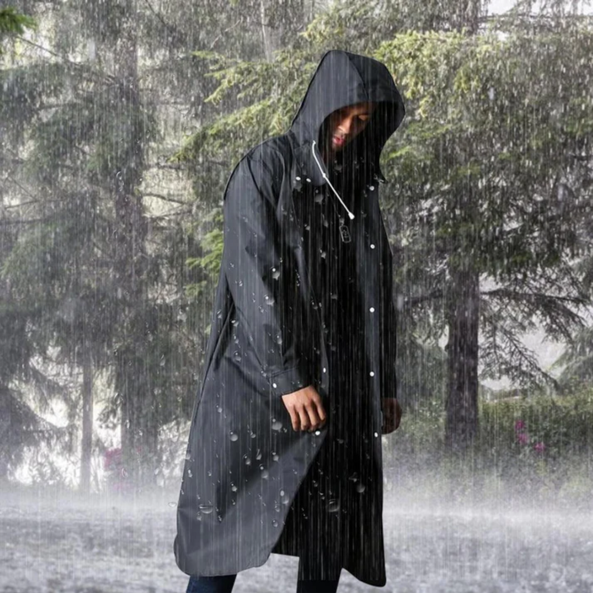 Lange Wasserdichte Herren Regenjacke mit Kapuze – Herbstlicher Titan