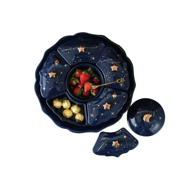 Rotierendes Keramisches Snackbord mit 5 Fächern – Sternenhimmel Design für Häppchen und Snacks