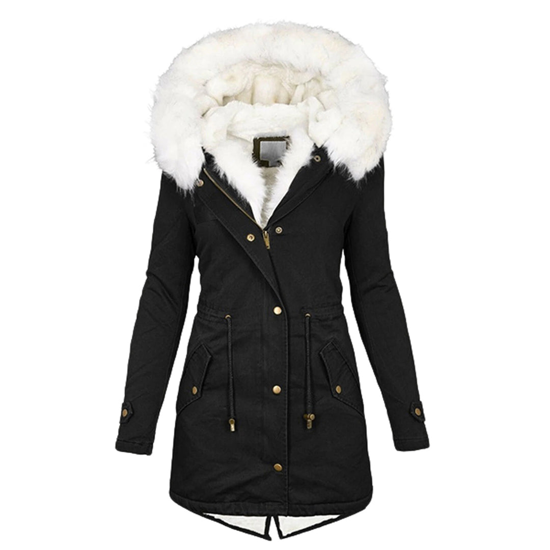 Warme Fleecegefütterte Winterjacke Damen – Winddichte Lange Jacke mit Kapuze