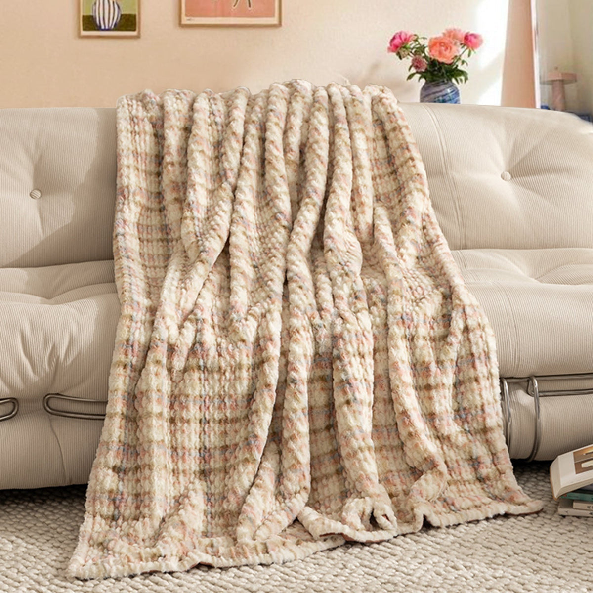 Luxe Kunstfell Plaid mit Wellenstruktur – Weiche Fleece-Decke mit Mikrofaser-Rückseite