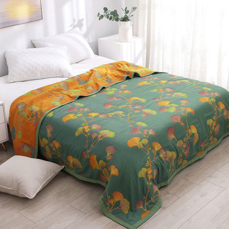 Umkehrbare Steppdecke mit Ginkgoblättern aus Jacquardbaumwolle